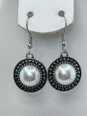 Silver Tone Faux Pearl Drop Earrings Round Beaded Frame Dangle